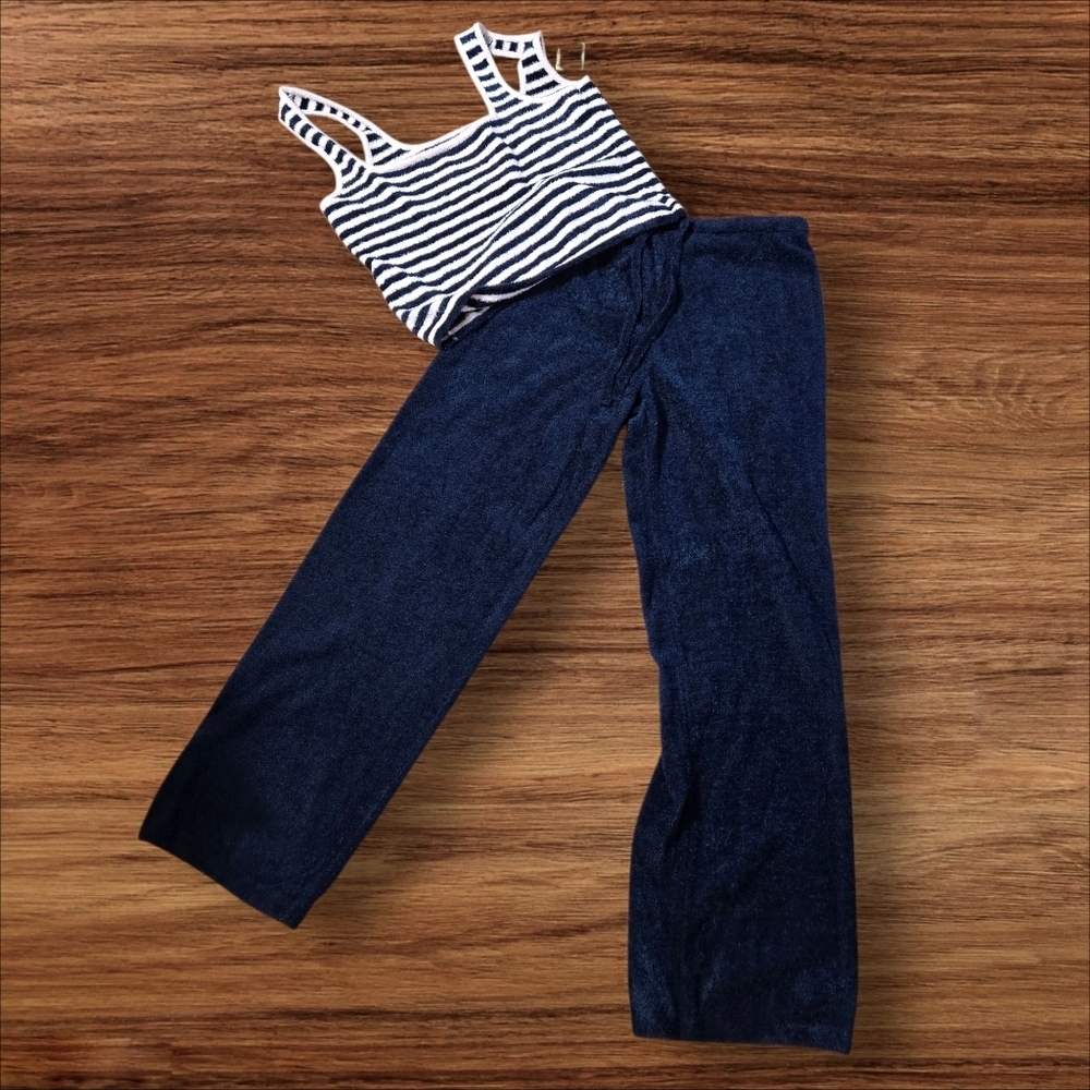 Free People Movement Fuzzy Navy Blue Striped Tank Top and Blue Pants Set NWT
